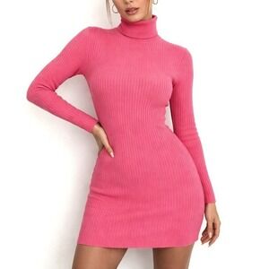 Better Be Pink Sweater Dress L Ribbed Knit Turtleneck Long Sleeve Midi Bodycon